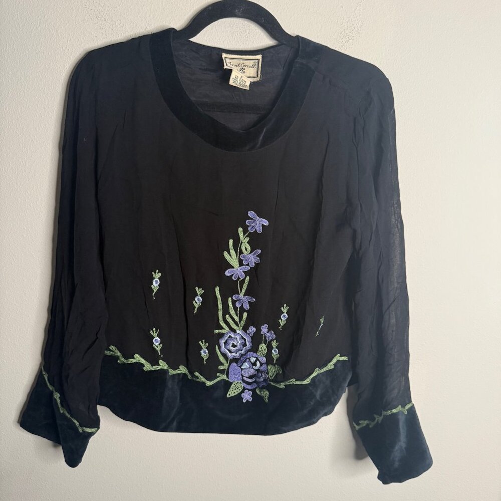 April Cornell Women's Small Black Floral Embroidered Velvet Trim Long Sleeve Top